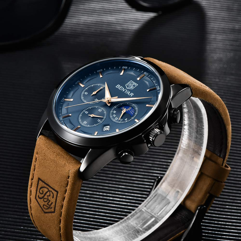  BENYAR - Wrist Watch for Men, Genuine Leather Strap